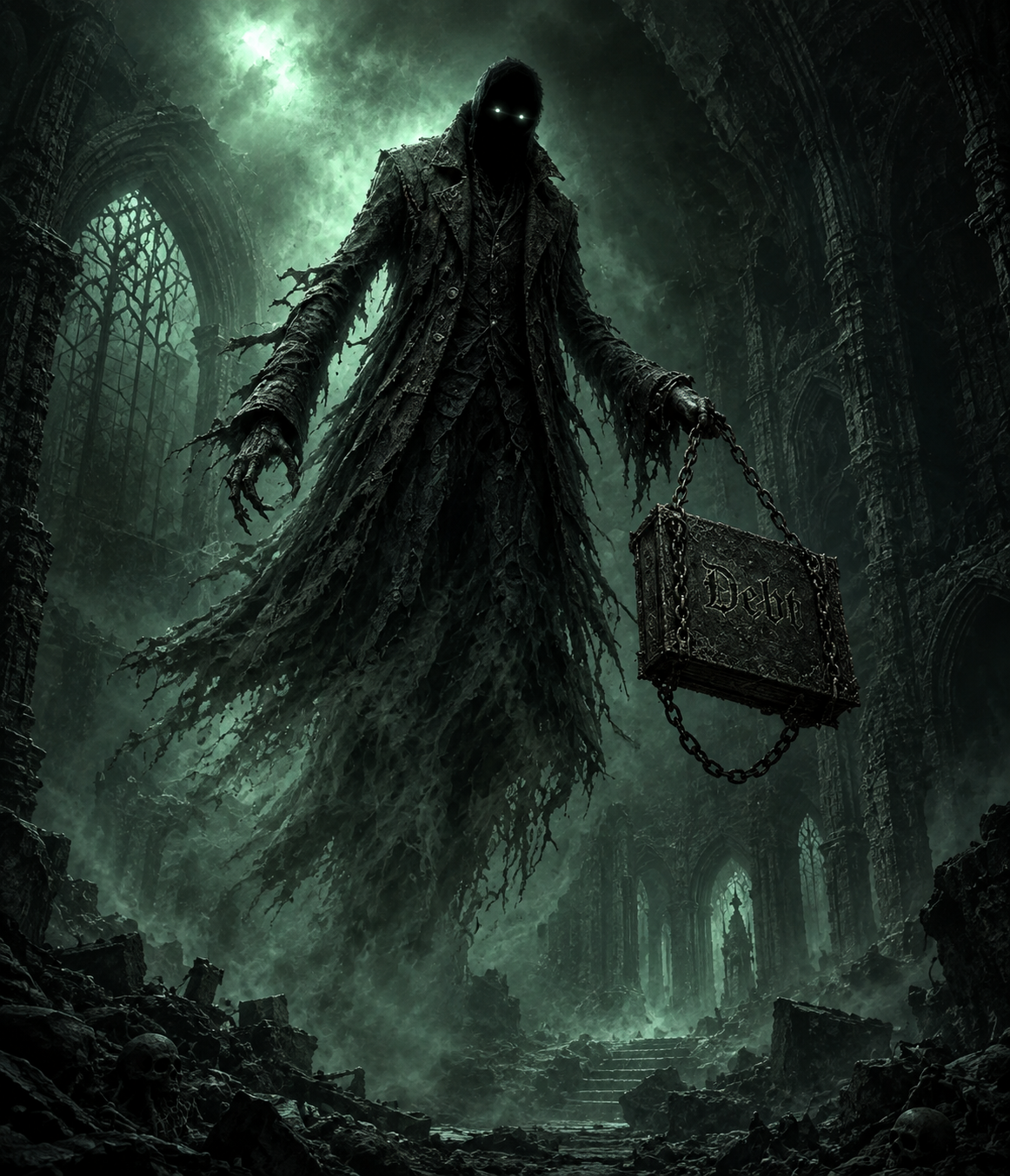Hooded specter with glowing eyes carrying a chained box labeled Debt through a ruined cathedral